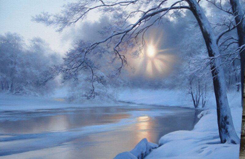 Snow-covered River — Blue, Serene, Winter, Painting, Trees