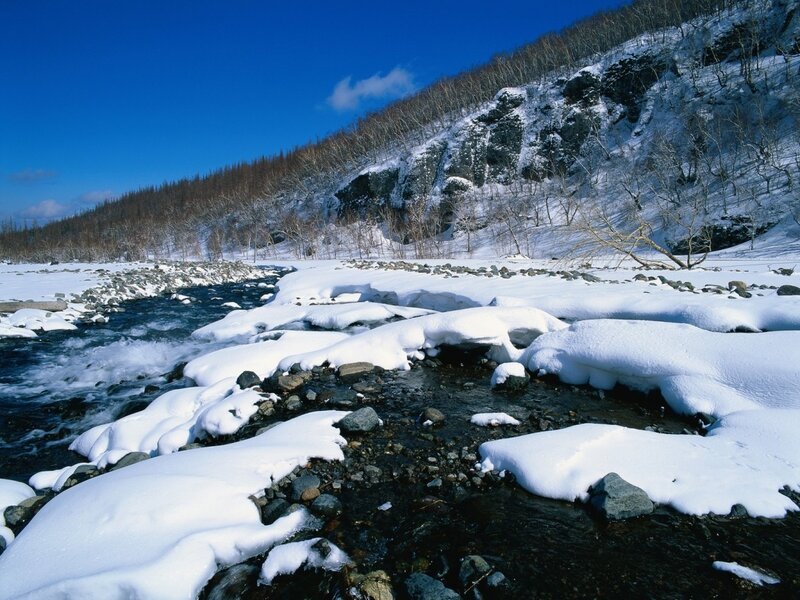 Snow-covered River — Blue, Serene, Winter, Photograph, Snow, Rocks