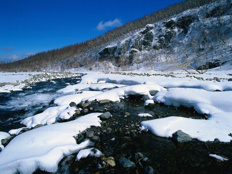 Snow-covered River — Blue, Serene, Winter, Photograph, Snow, Rocks, Trees