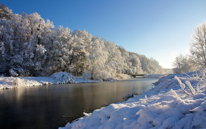 Snow-covered River — Blue, Serene, Winter, Photograph
