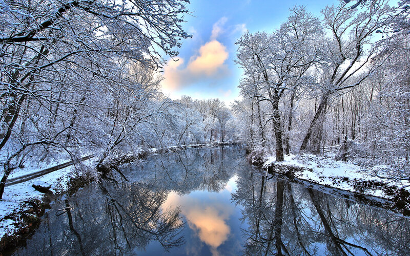 Snow-covered River — Blue, Serene, Winter, Photograph, Trees, Clouds