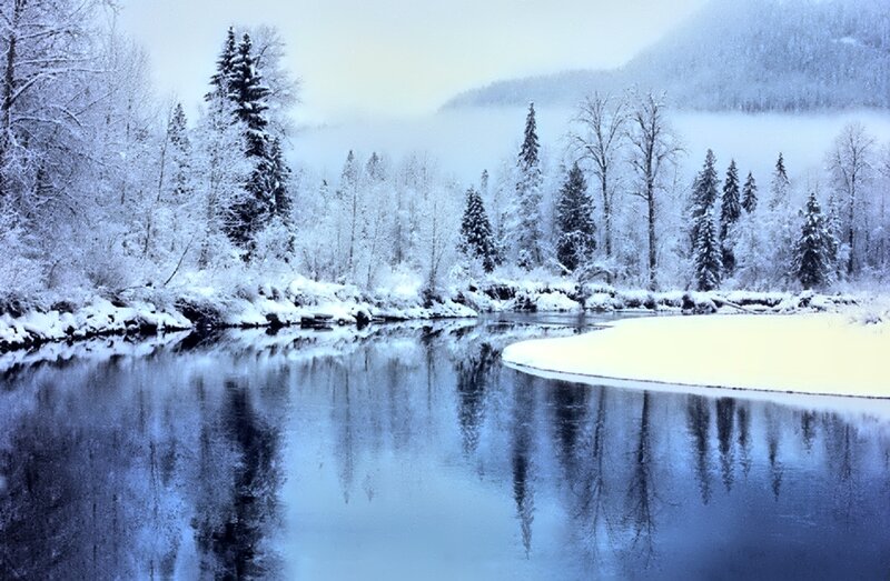 Snow-covered River — Blue, Serene, Winter, Photograph, Trees, Mountain, Fog