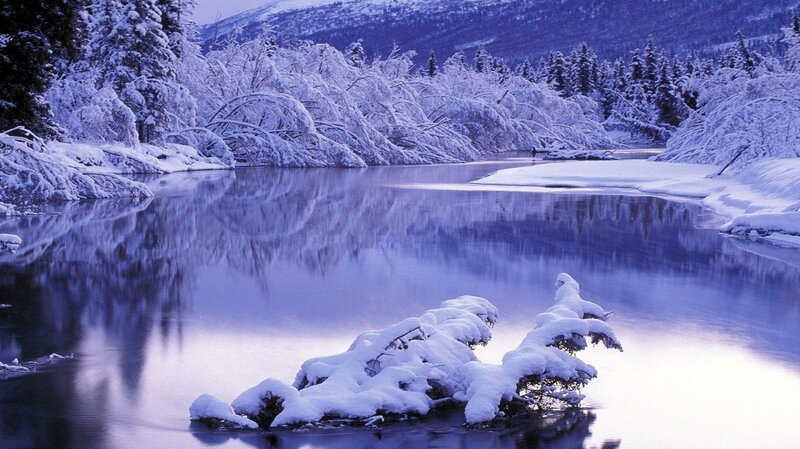 Snow-covered River — Blue, Serene, Winter, Photograph, Trees, Mountain, Ice