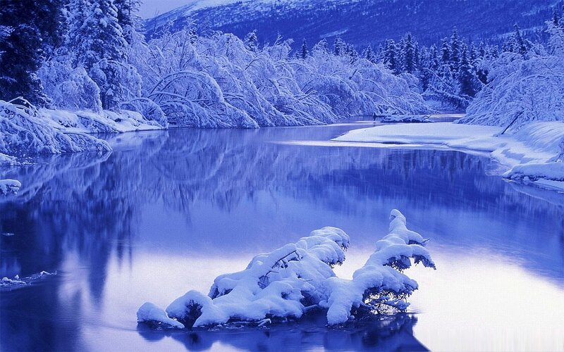 Snow-covered River — Blue, Serene, Winter, Photograph, Trees, Mountain