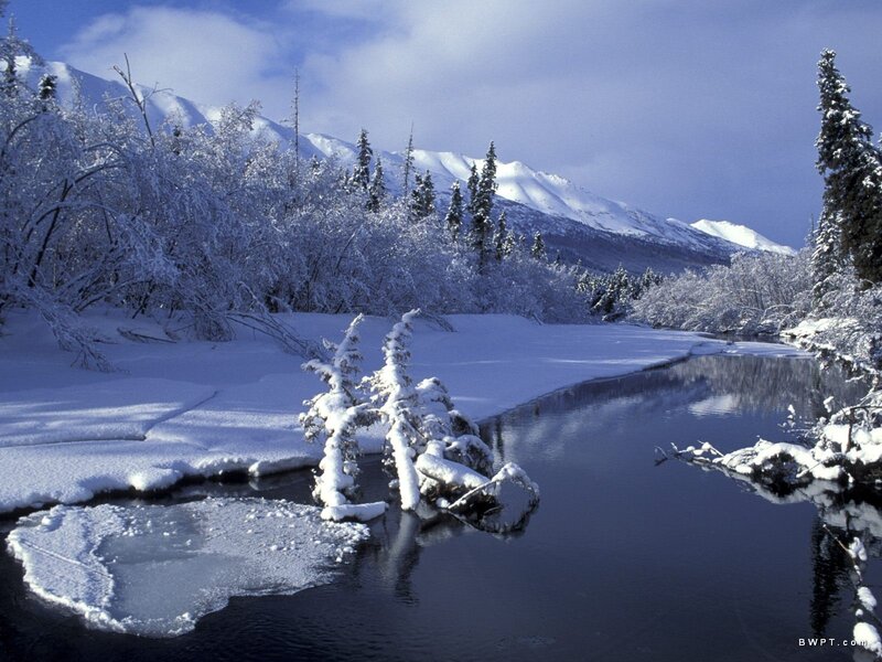 Snow-covered River — Blue, Serene, Winter, Photograph, Trees, Mountains, Snow, White, Black
