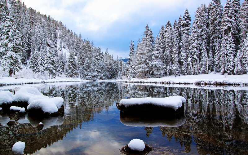 Snow-covered River — Blue, Serene, Winter, Photograph, Trees, Rocks
