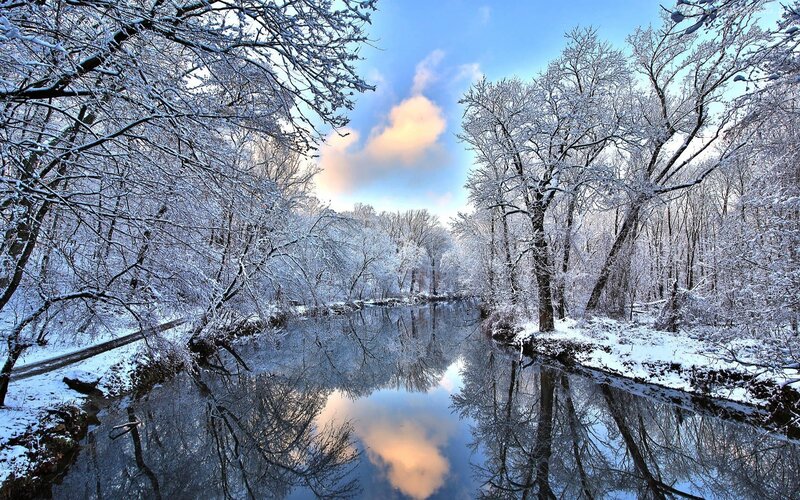Snow-covered River — Blue, Serene, Winter, Photograph, Trees, Sky, Clouds