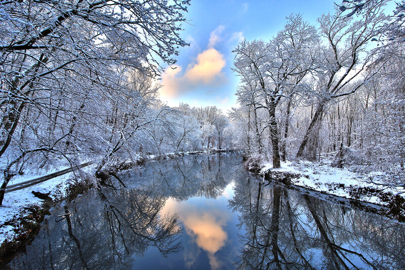 Snow-covered River — Blue, Serene, Winter, Photograph, Trees, Sky, Reflection