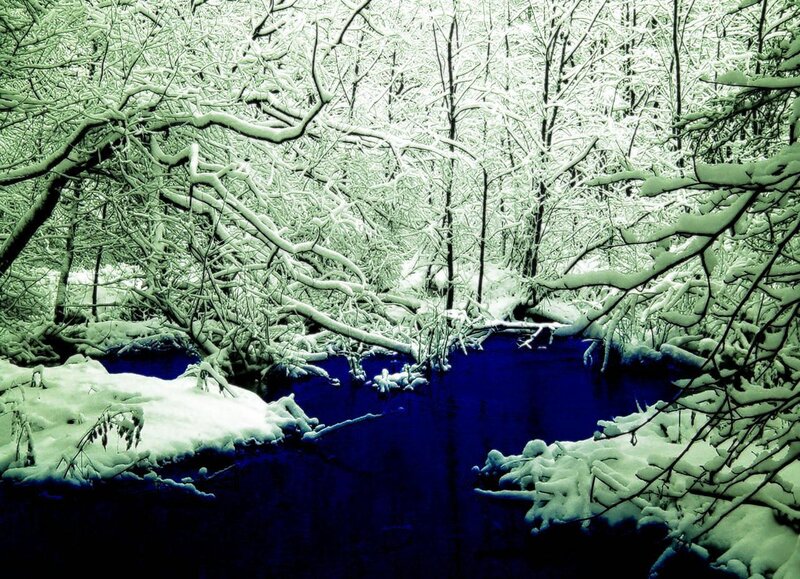 Snow-covered River — Blue, Serene, Winter, Photograph, Trees, Snow, White, Green
