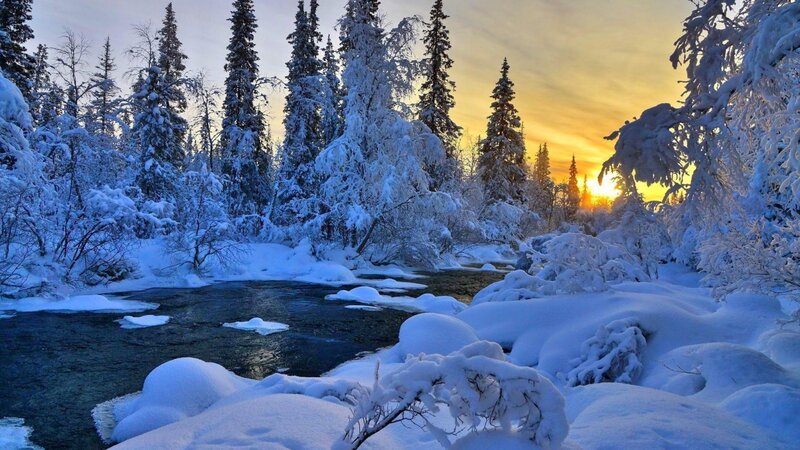 Snow-covered River — Blue, Serene, Winter, Photograph, Trees, Sunset