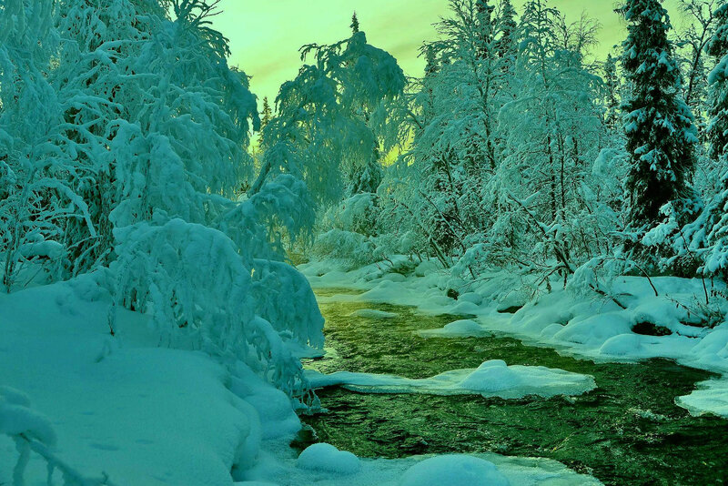 Snow-covered River — Green, Serene