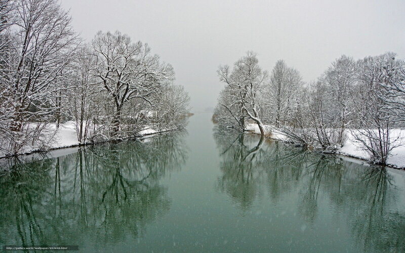 Snow-covered River — Green, Serene, Winter, Photograph