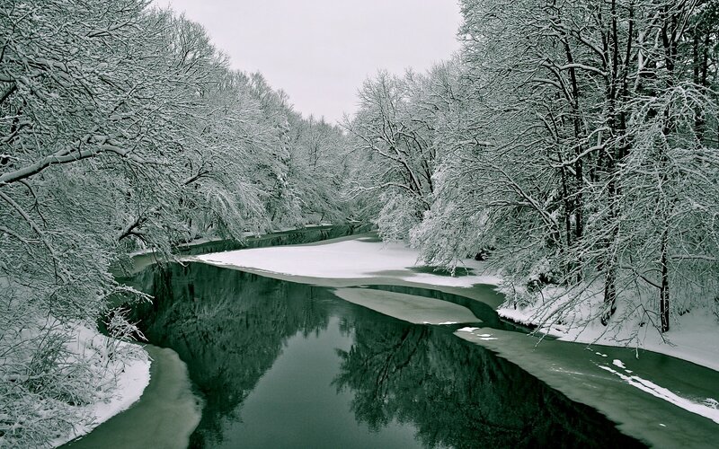 Snow-covered River — Green, Serene, Winter, Photograph, Trees