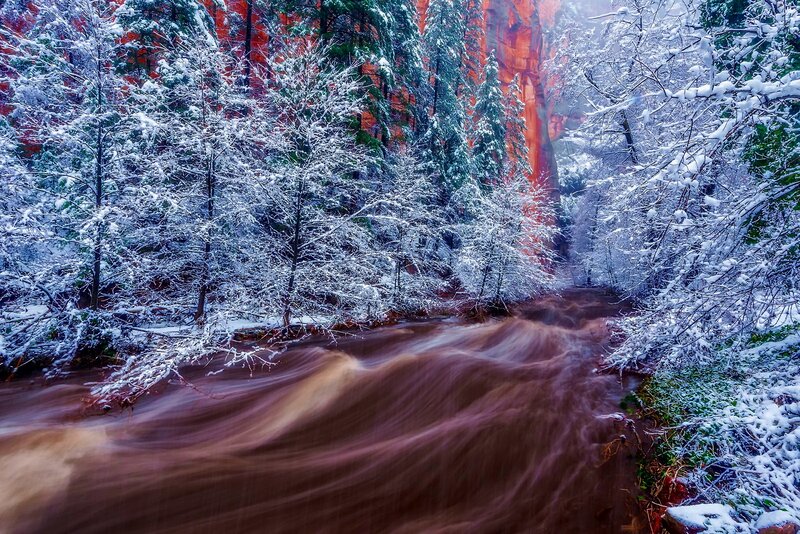 Snow-covered River in Canyon — Brown
