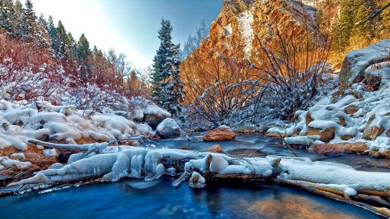 Snow-covered River in Canyon
