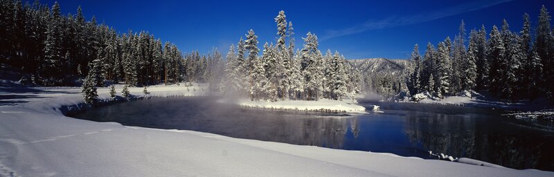 Snow-covered River in Forest — Blue, Serene, Winter, Photograph, Trees, Mountains, Steam
