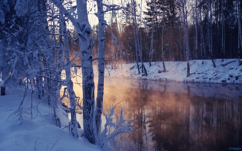 Snow-covered River in Forest — Blue, Serene, Winter, Photograph, Trees