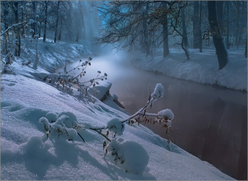Snow-covered River in Forest — Blue