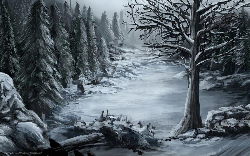 Snow-covered River in Forest — Gray