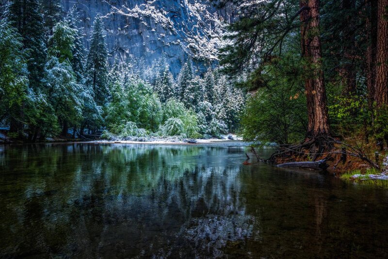 Snow-covered River in Forest — Green, Serene