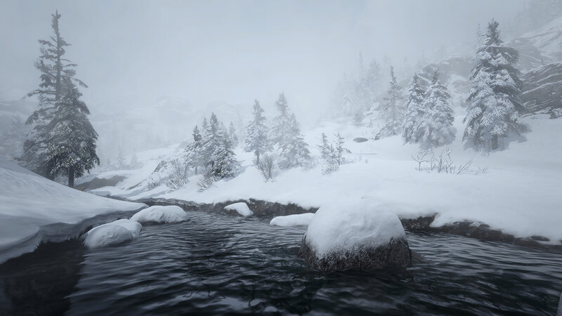 Snow-covered River in Forest — White, Cold, Winter, 3d Render