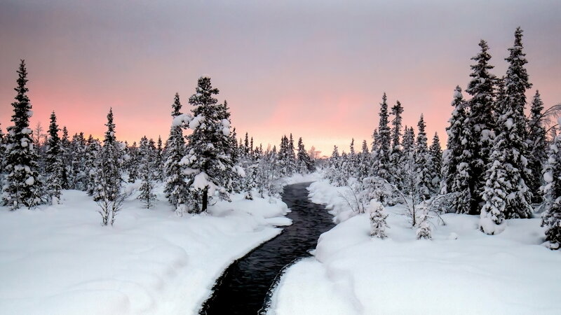 Snow-covered River in Forest — White, Serene, Sunset