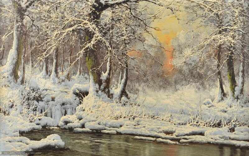Snow-covered River in Forest — White, Serene, Winter, Painting