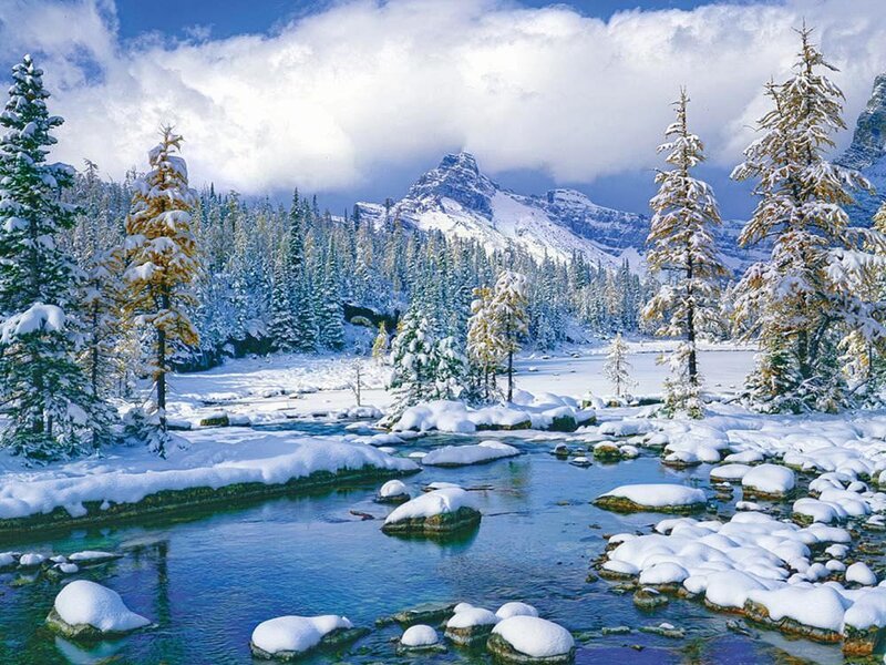Snow-covered River in Mountains — Blue