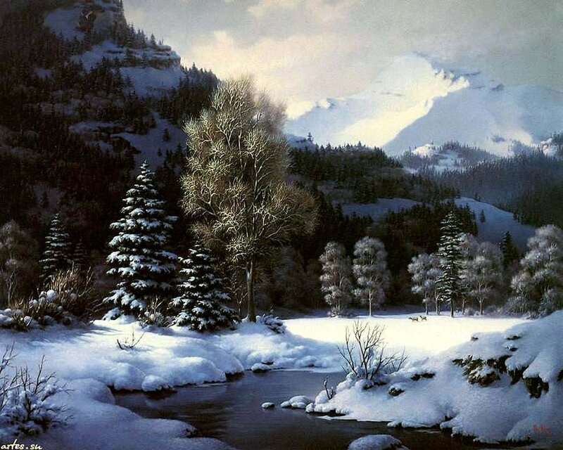 Snow-covered River in Mountains