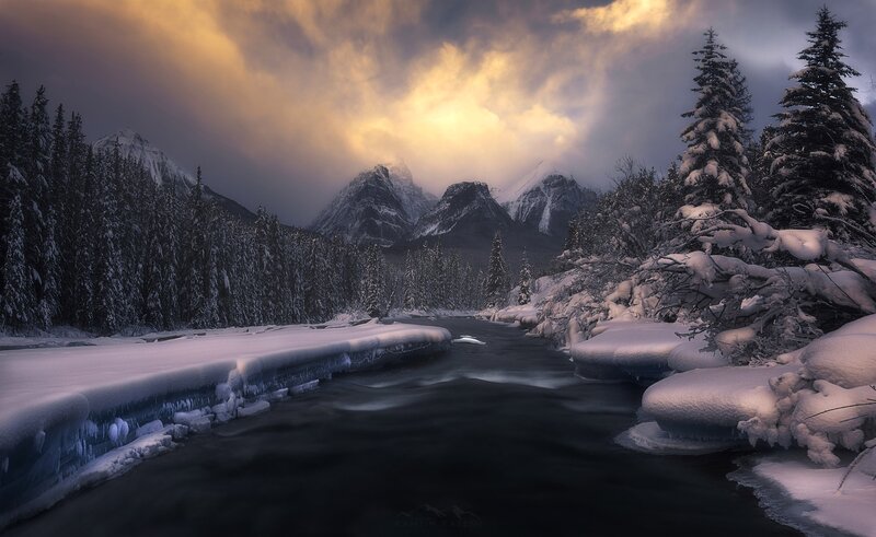 Snow-covered River in Mountains — White, Dramatic