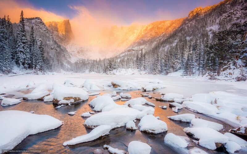 Snow-covered River in Mountains — White, Serene, Sunset