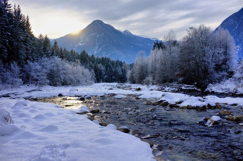 Snow-covered River in Mountains — White, Serene