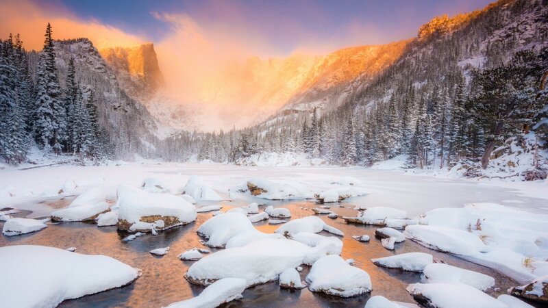 Snow-covered River in Mountains — White, Serene, Winter
