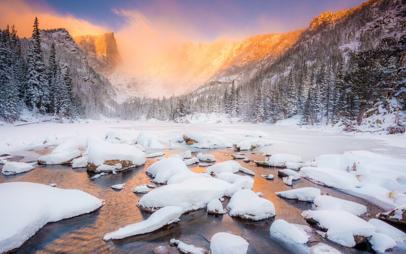 Snow-covered River in Mountains — White