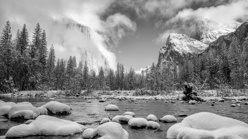 Snow-covered River in Valley — Black