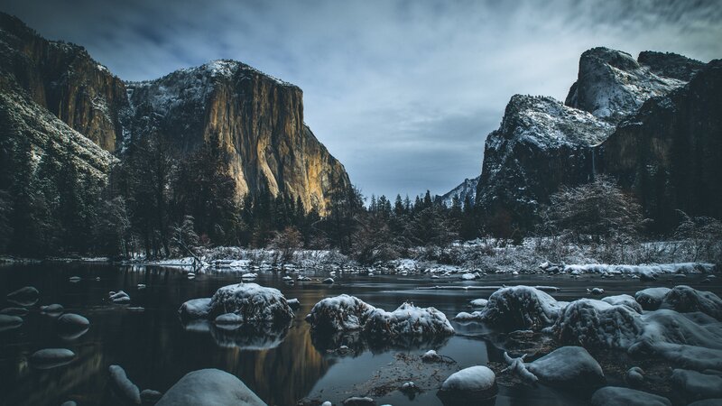 Snow-covered River in Valley — Blue, Dramatic, Winter