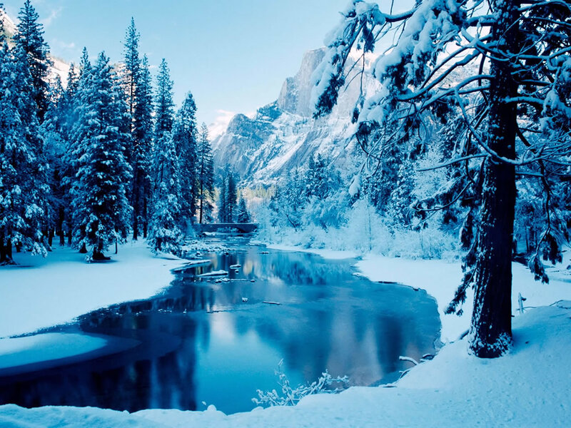 Snow-covered River in Valley — Blue, Serene
