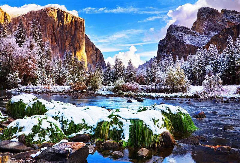 Snow-covered River in Valley — Blue, Serene, Winter