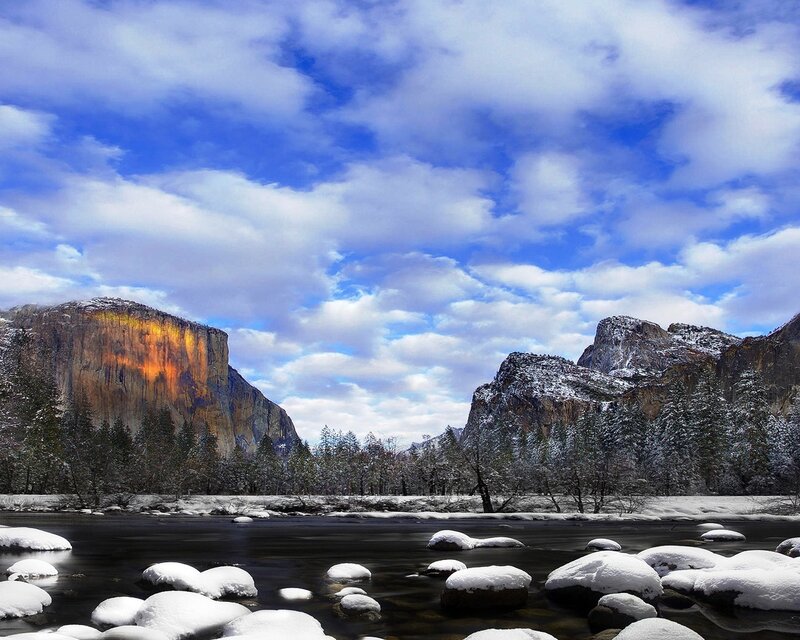 Snow-covered River in Valley — Blue