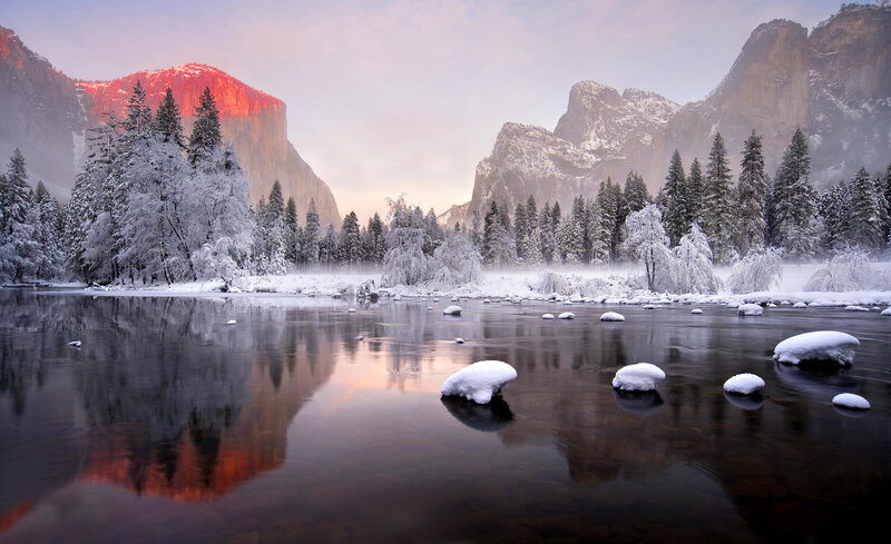 Snow-covered River in Valley — Red