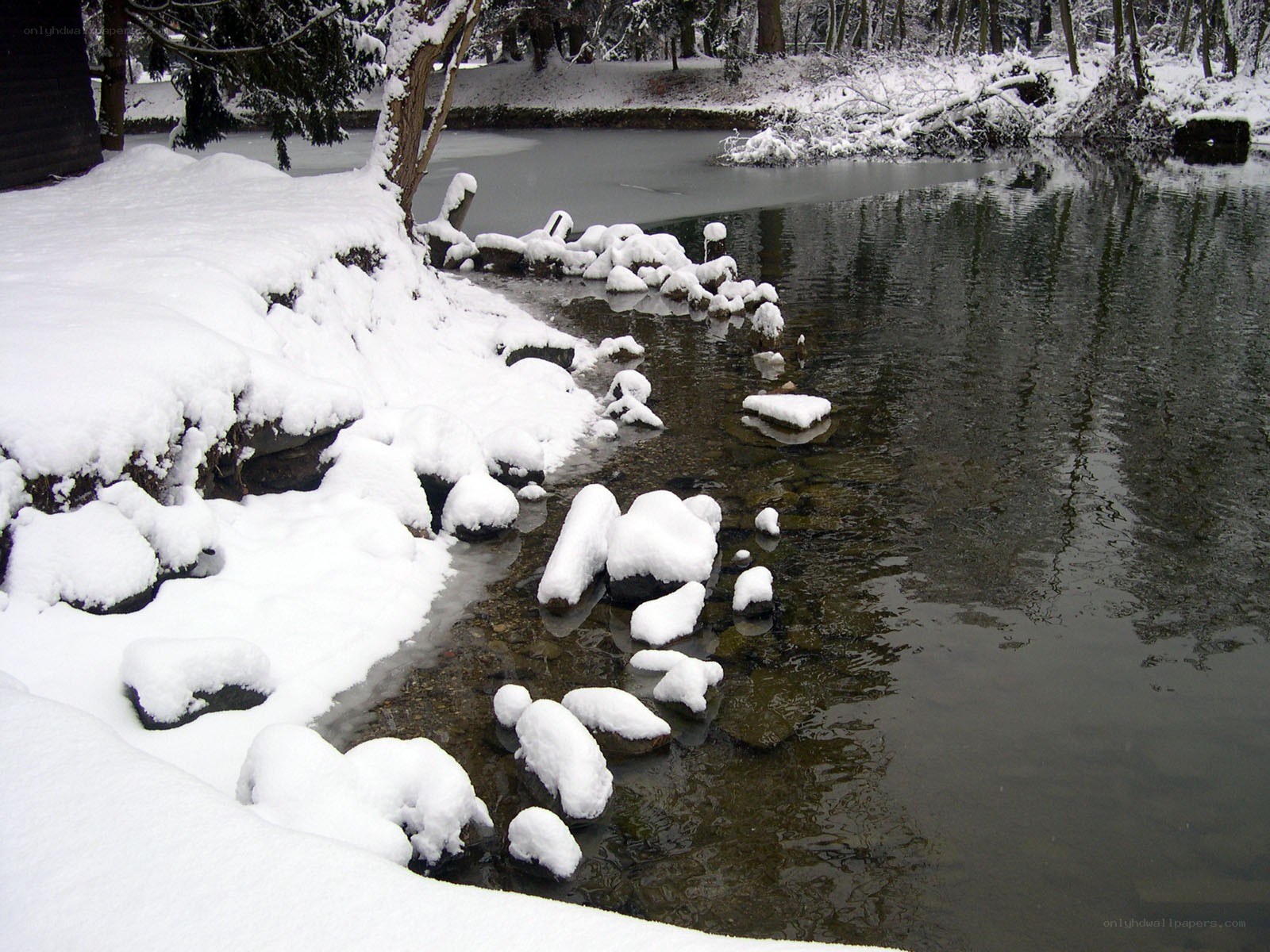 Snow-covered river in winter