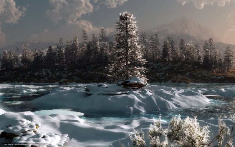 Snow-covered River Island — White, Serene
