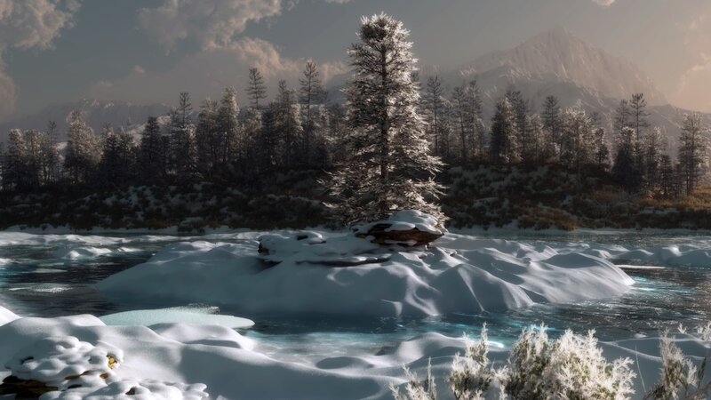 Snow-covered River Island — White