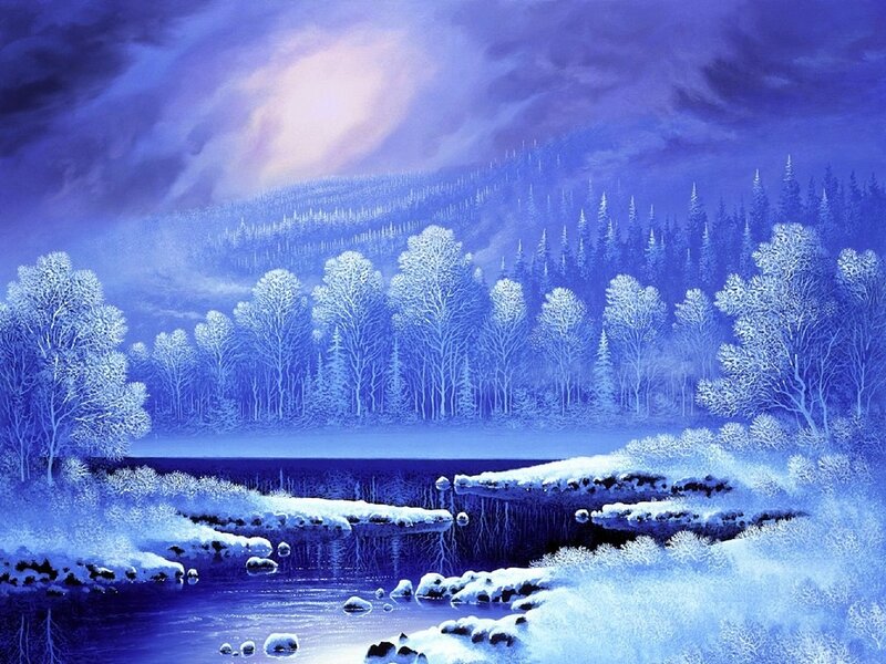 Snow-covered River Landscape — Blue, Serene, Night