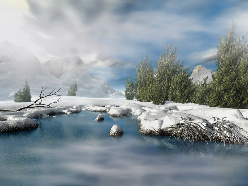 Snow-covered River Landscape — Blue, Serene