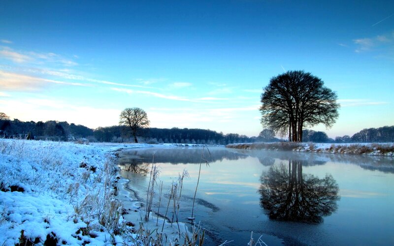 Snow-covered River Landscape — Blue, Serene, Winter, Photograph