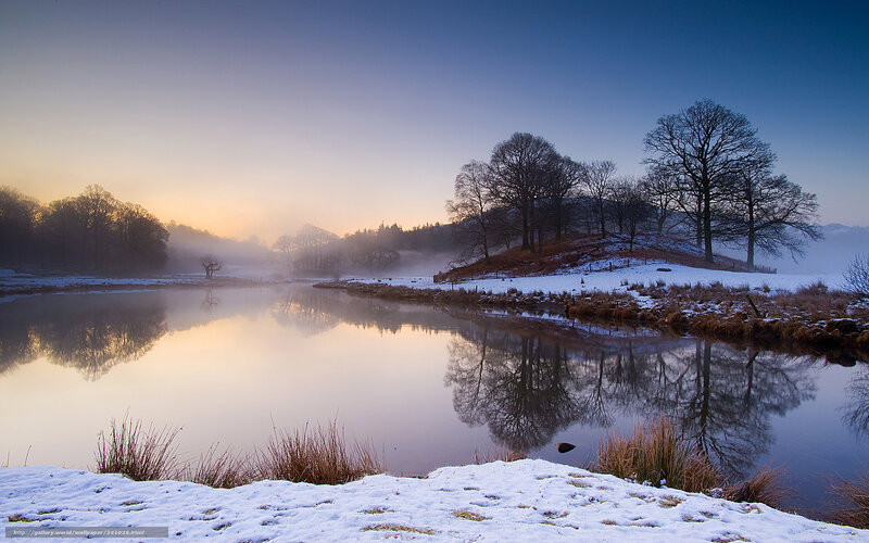Snow-covered River Landscape — Blue, Serene, Winter, Photograph, Trees, Fog, Reflection