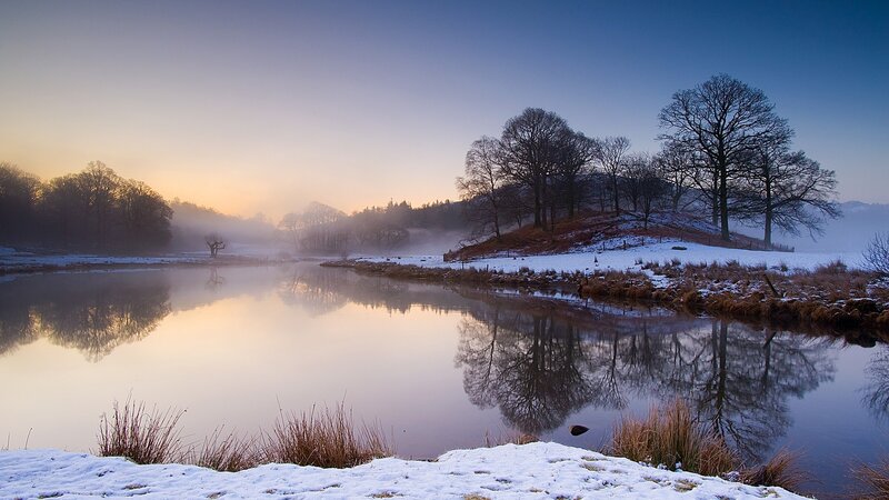 Snow-covered River Landscape — Blue, Serene, Winter, Photograph, Trees, Fog