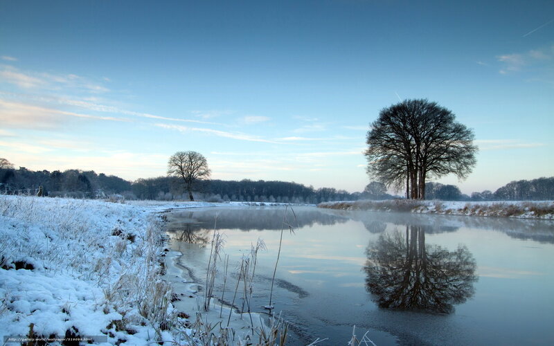 Snow-covered River Landscape — Blue, Serene, Winter, Photograph, Trees, Frost