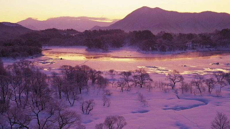 Snow-covered River Landscape — Purple, Serene